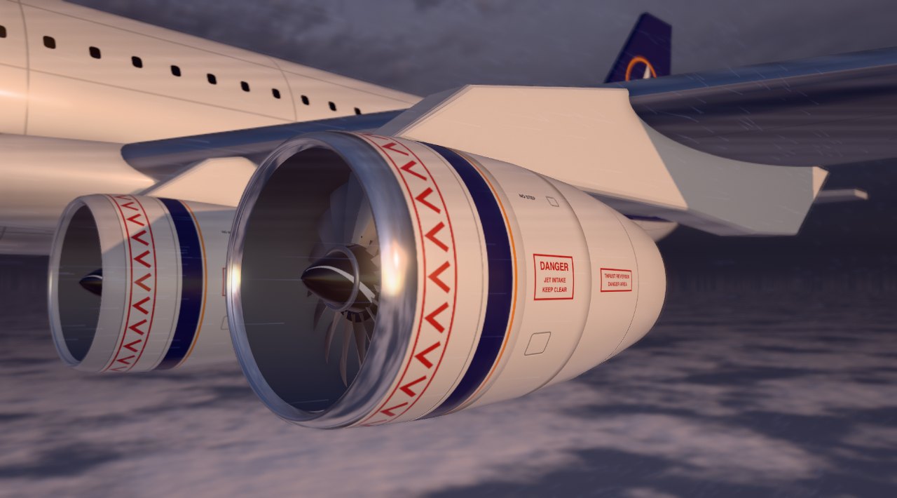 The same view with a dusk sky, shadows and airline livery