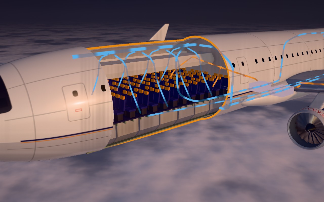 The fuselage cut open over the cabin, with air drawn flowing through it